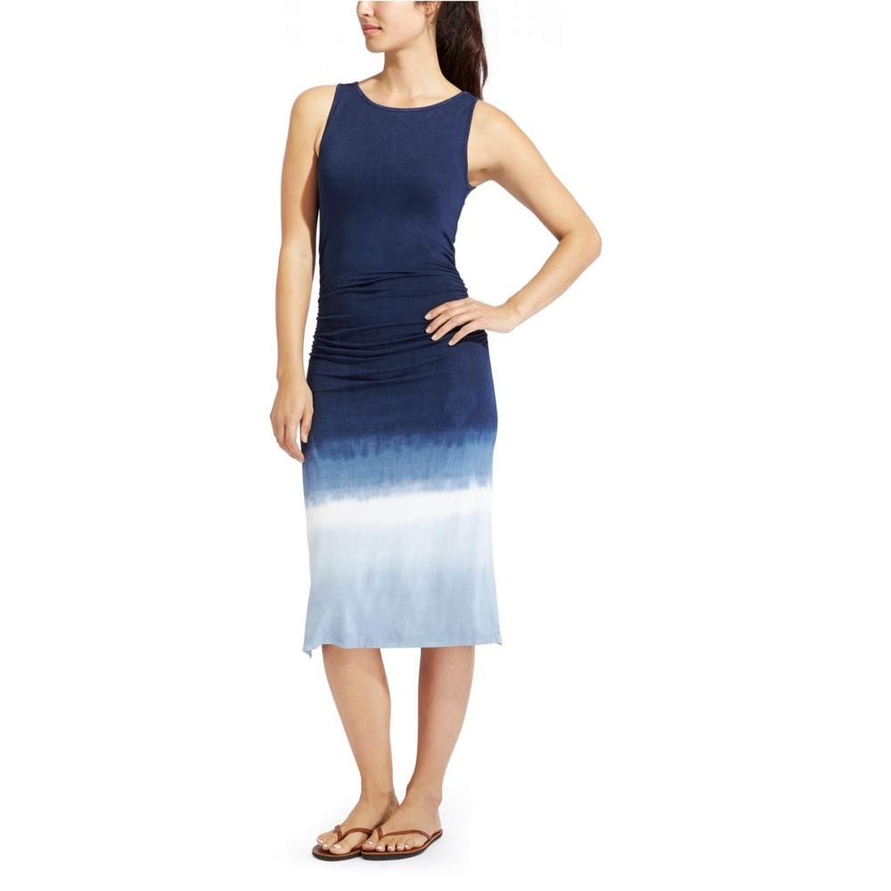 Athleta Tie Dye Boho Sleeveless Ombré Ruched Blue Midi Dress sz XS